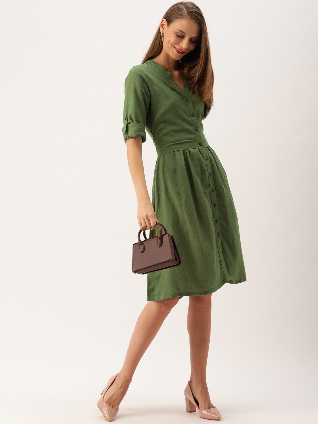 

AND Women Olive Green Solid Pleated A-Line Dress