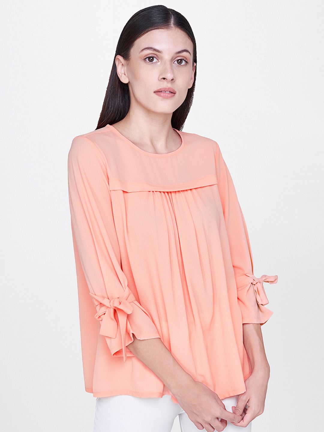 

AND Women Coral Orange Solid Boxy Top With Tie-Up Detailing