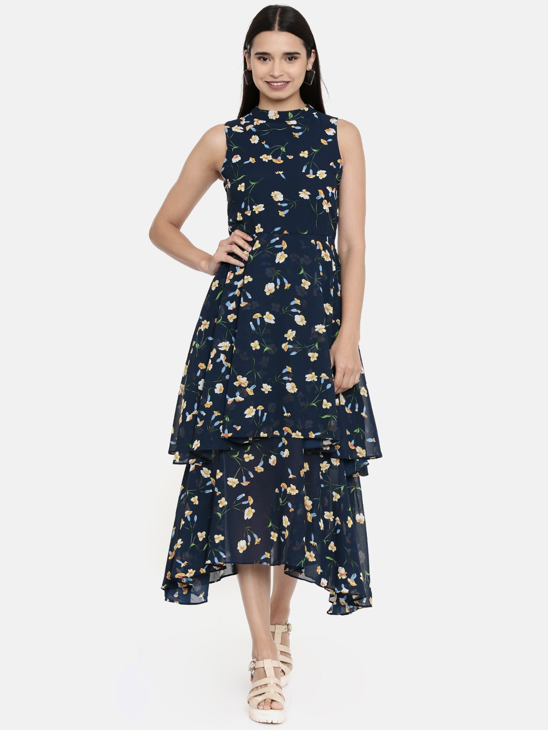 

AND Women Printed Navy Blue & Yellow Fit and Flare Dress