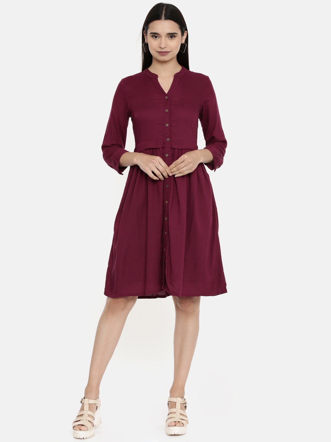 

AND Women Solid Maroon Fit and Flare Dress