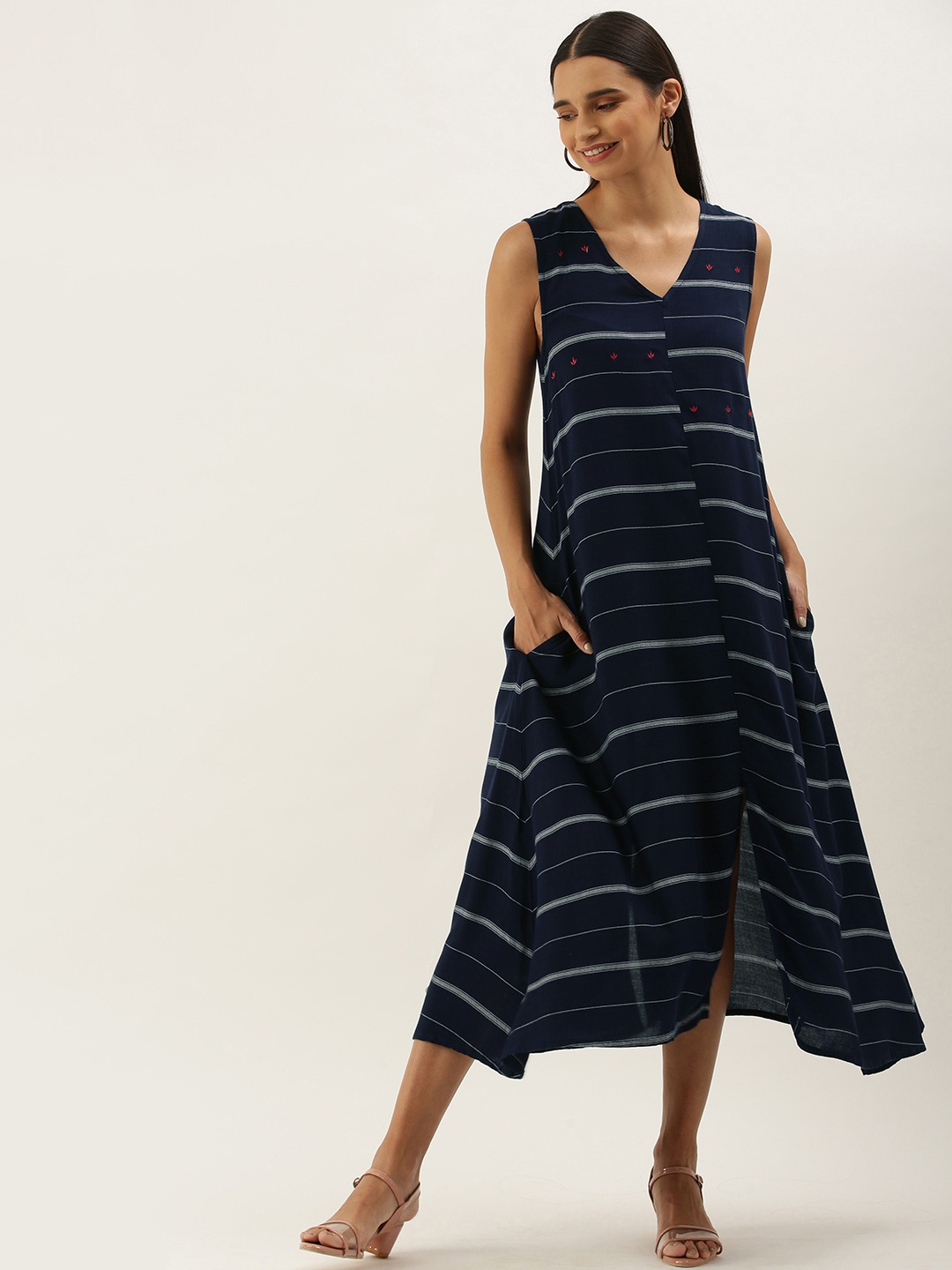 

AND Navy Blue & White Striped A-Line Midi Dress