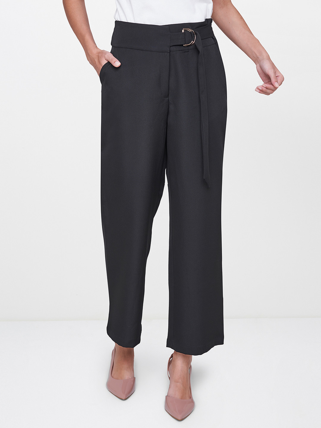 

AND Women Black Straight Fit Solid Parallel Trousers