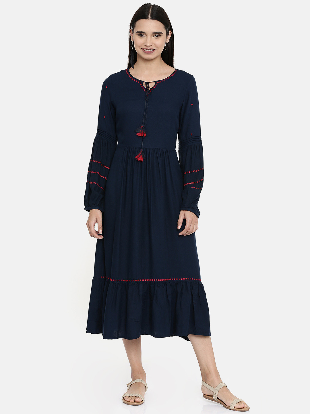 

AND Women Solid Navy Blue A-Line Dress