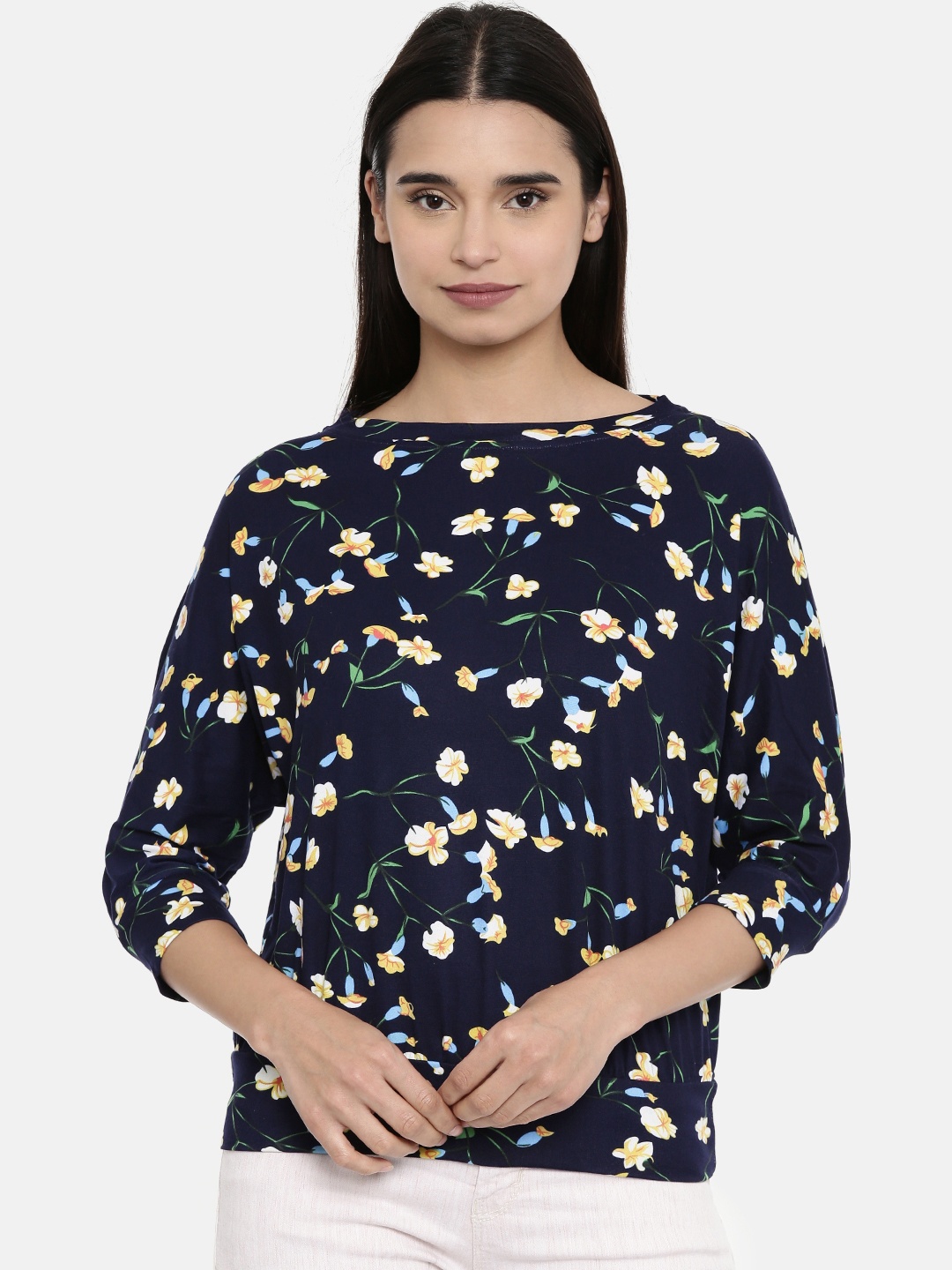 

AND Women Navy Blue & Yellow Floral Printed Top