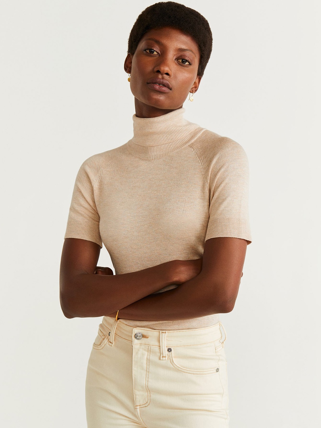 

MANGO Women Beige Solid Fitted Winter Top