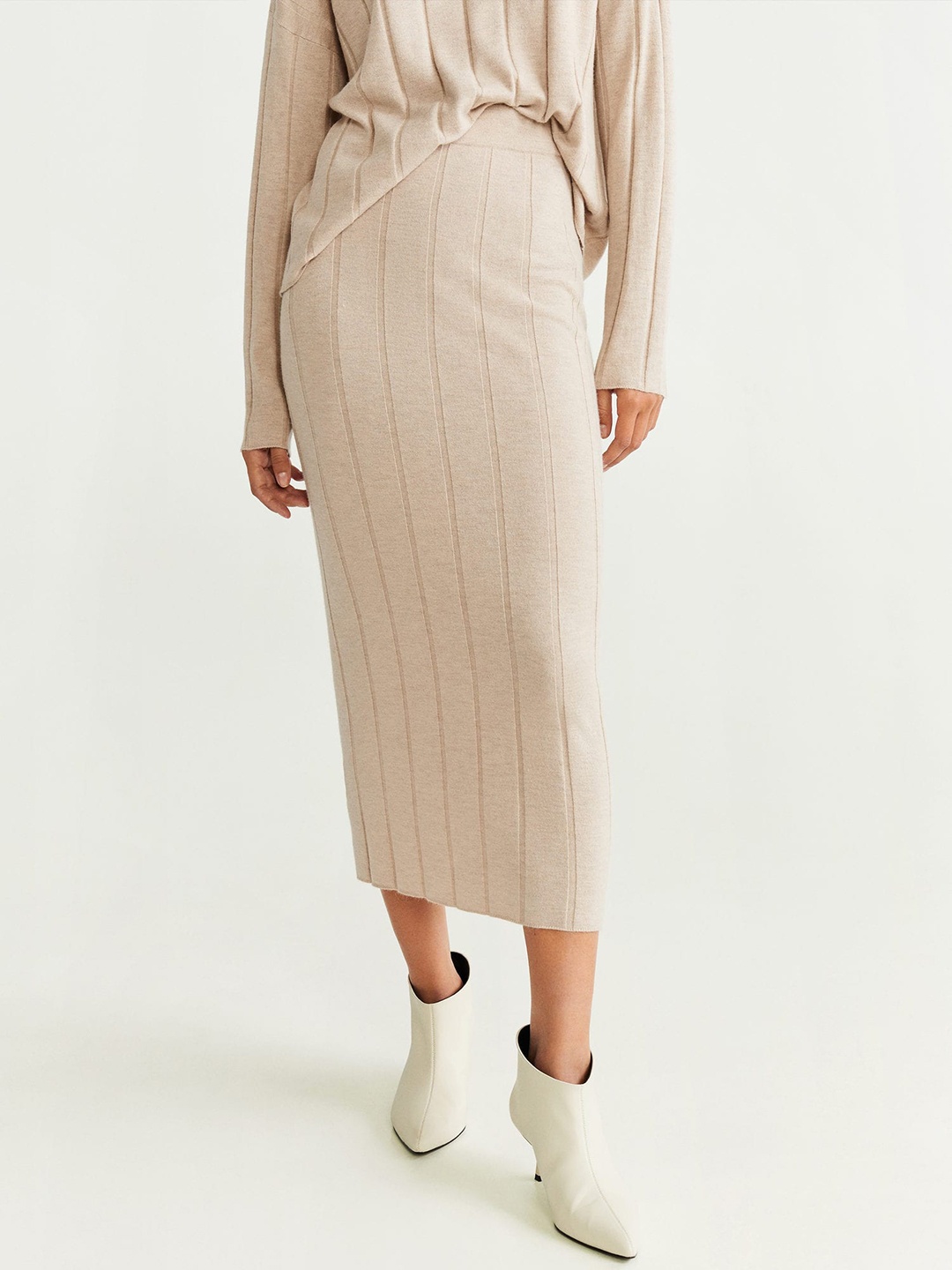 

MANGO Women Beige Self-Striped Midi Straight Skirt