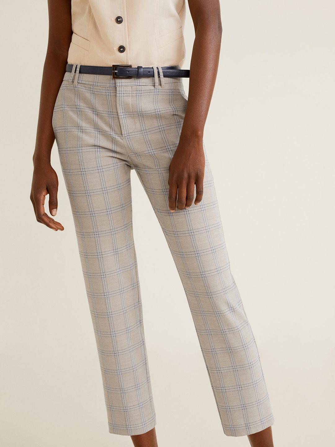 

MANGO Women Grey & Blue Regular Fit Checked Trousers