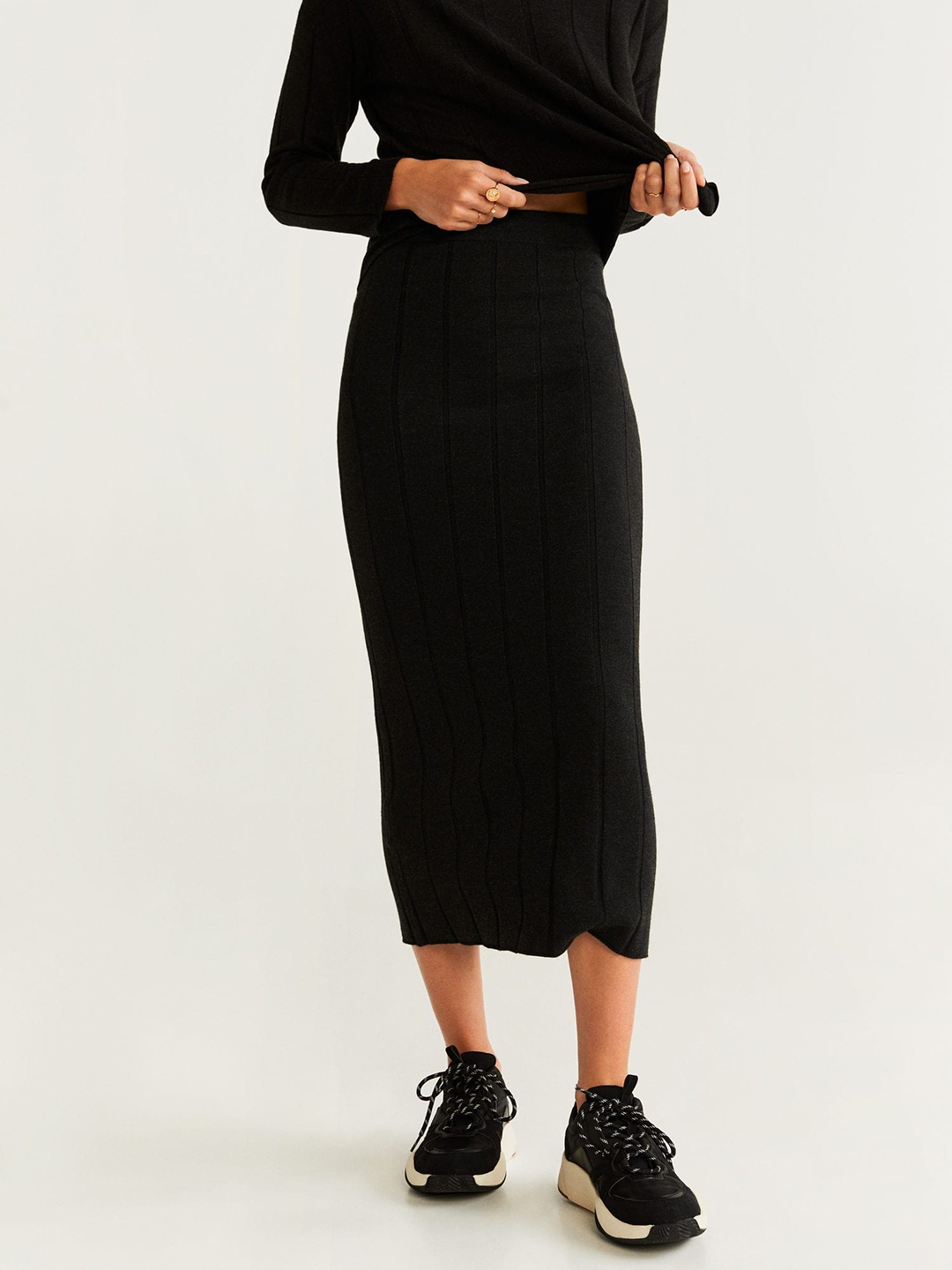 

MANGO Women Black Self-Striped Straight Skirt