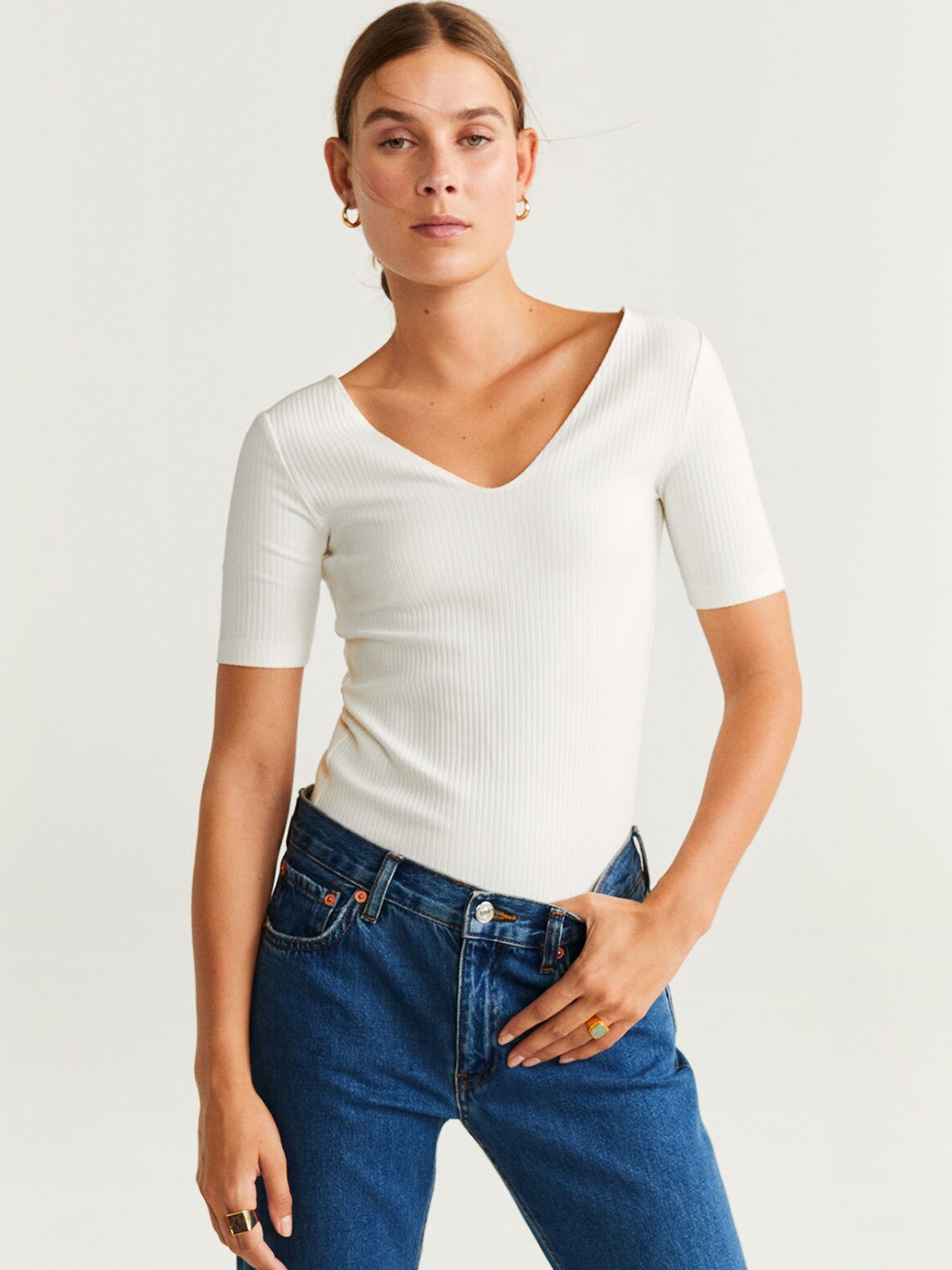 

MANGO Women White Ribbed Fitted Top