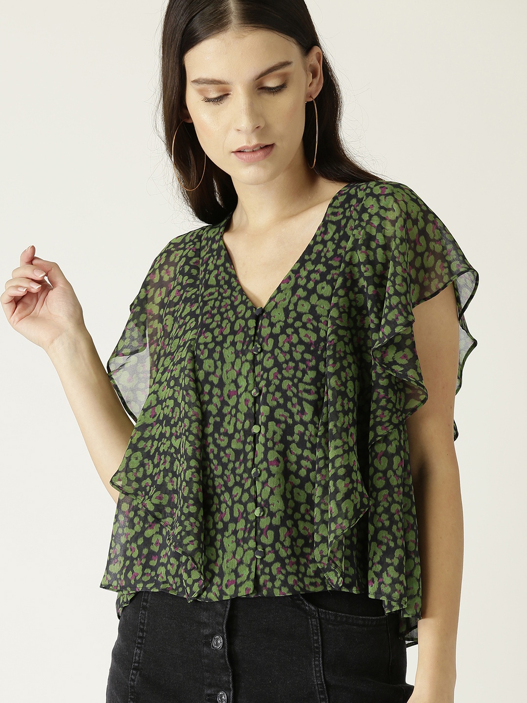 

MANGO Women Green & Black Semi Sheer Printed Regular Top