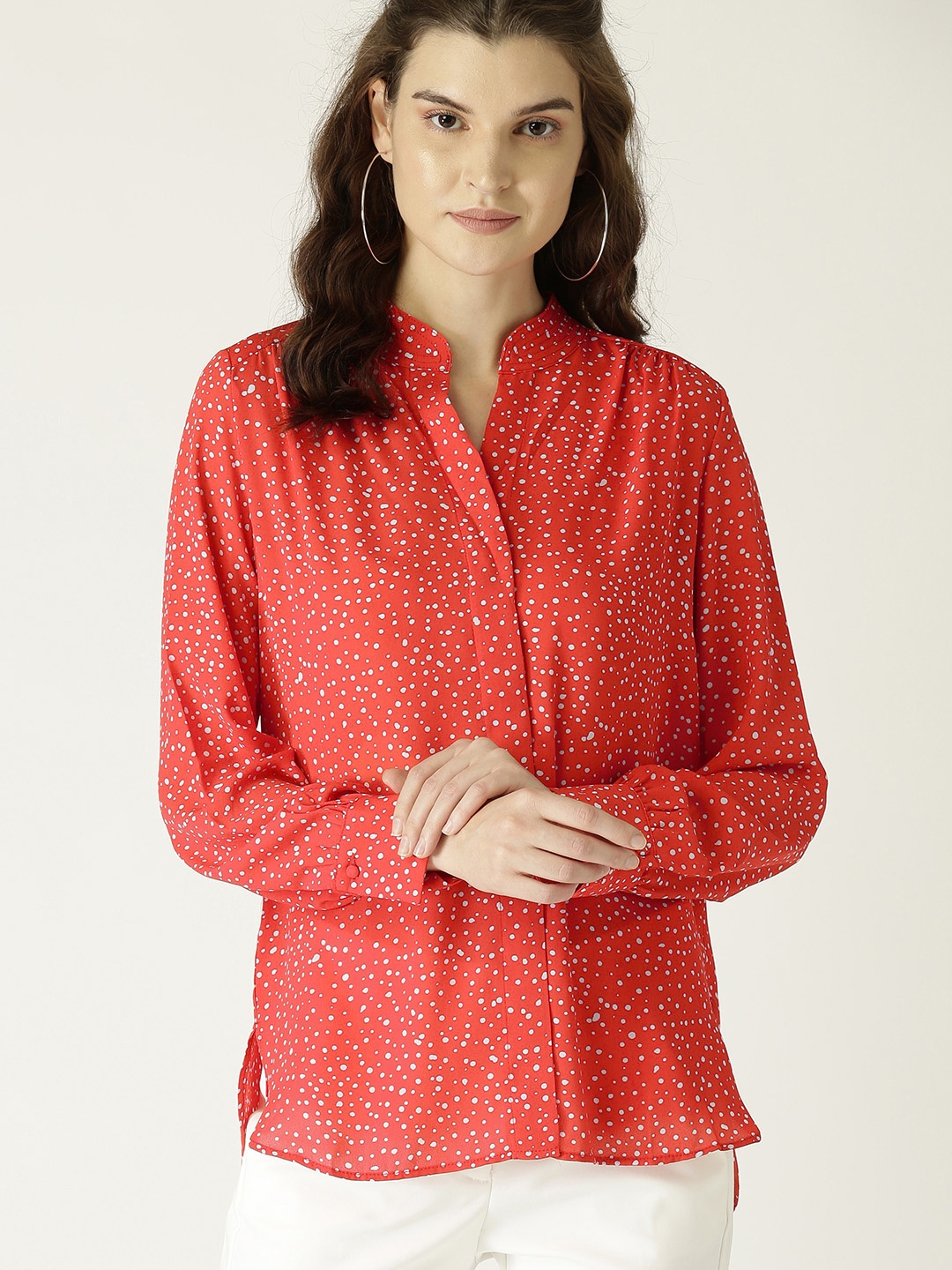 

MANGO Women Red & Off-White Regular Fit Printed Casual Shirt