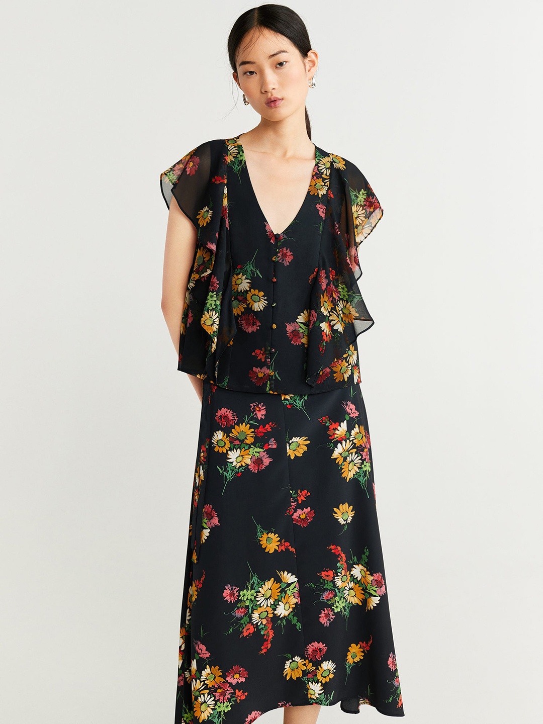 

MANGO Women Black & Mustard Yellow Floral Printed Top