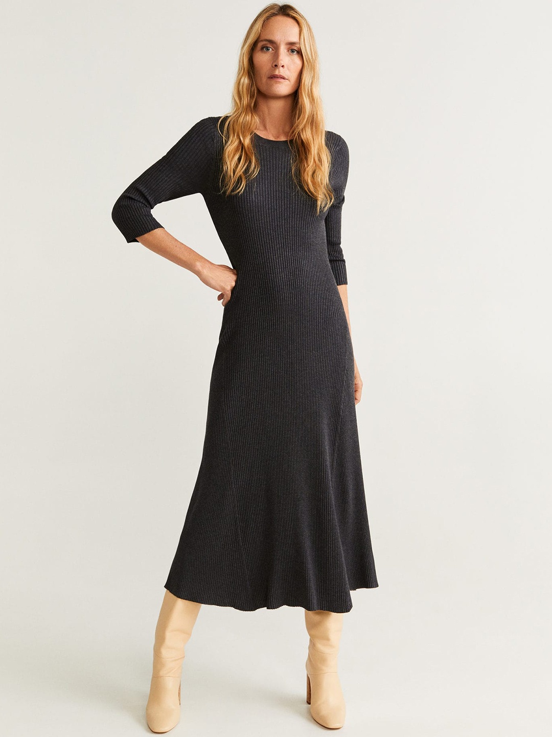 

MANGO Women Solid Charcoal Grey Solid Sweater Dress