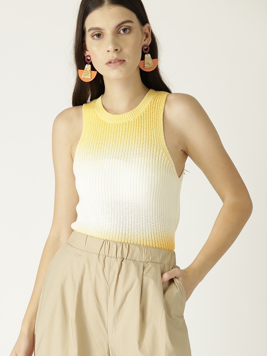 

MANGO Women Yellow & White Dyed Fitted Pure Cotton Top