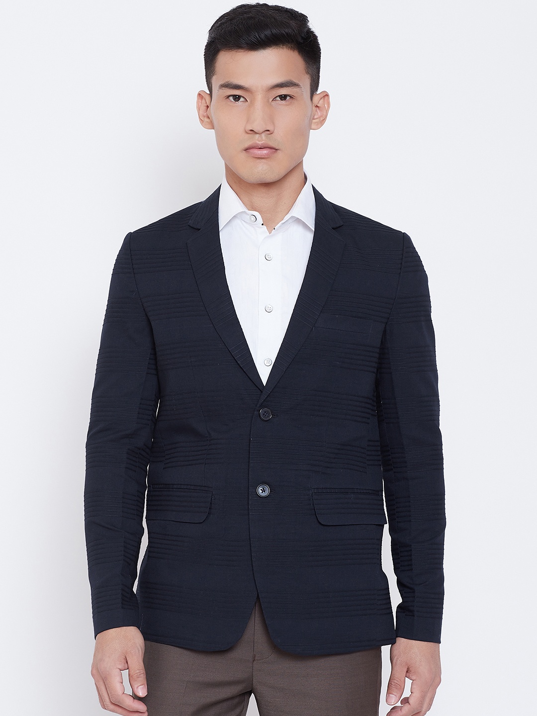 

Shaftesbury London Men Navy Blue Self-Design Slim Fit Single-Breasted Formal Blazer