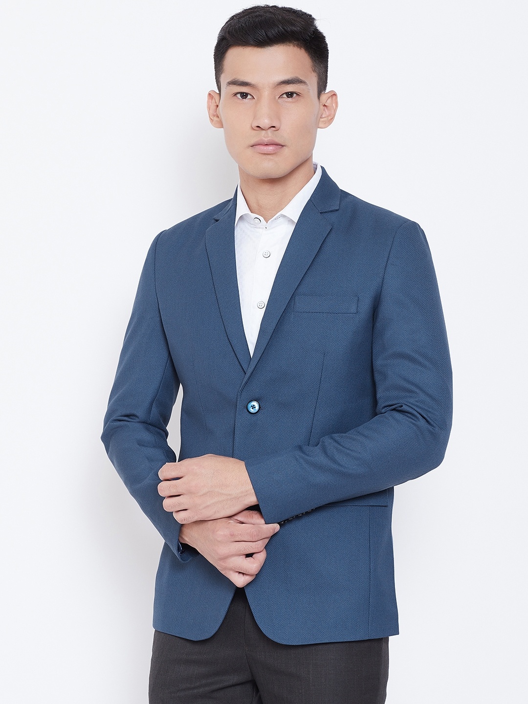 

Shaftesbury London Men Navy Blue Slim Fit Self-Design Formal Blazer