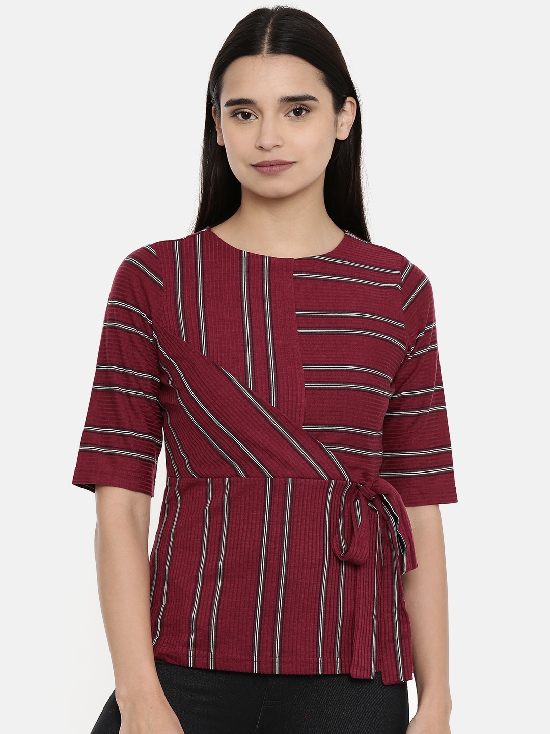 

AND Women Maroon Striped Wrap Top