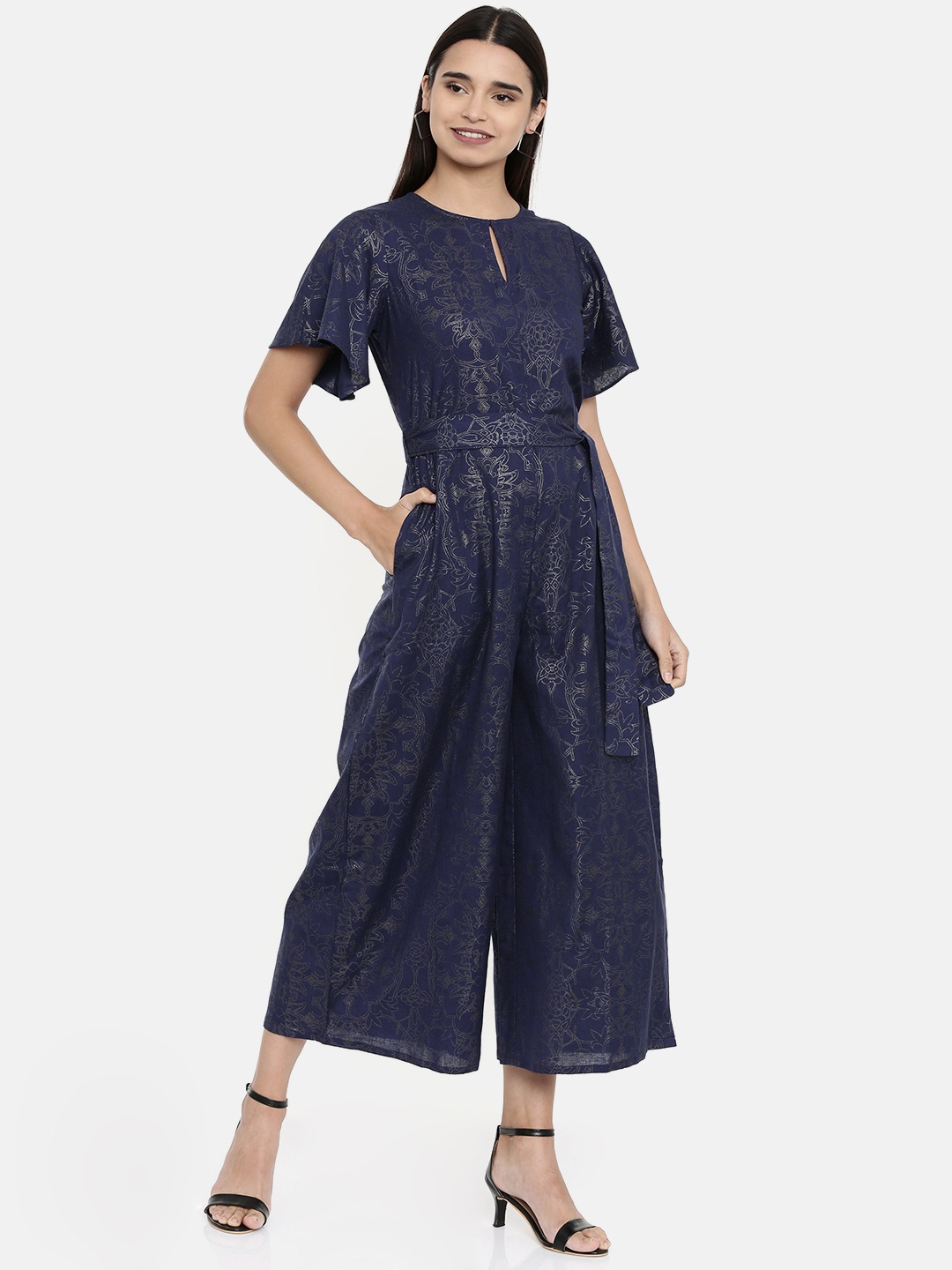 

AND Women Navy Blue & Grey Solid Basic Jumpsuit