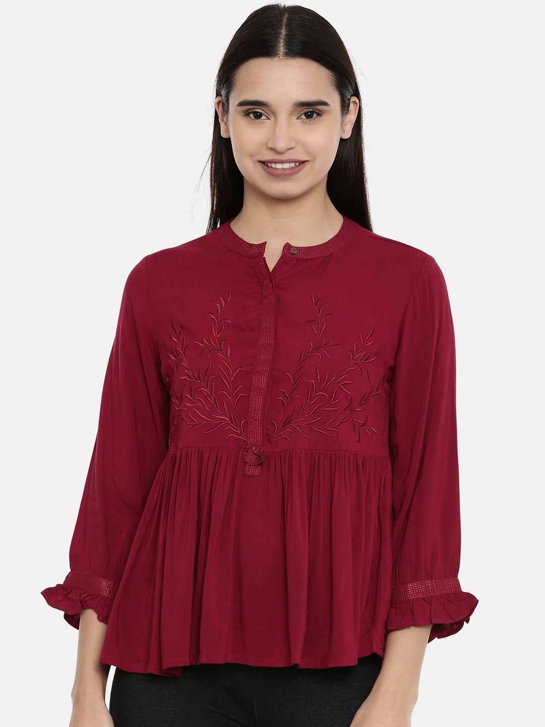 

AND Women Maroon Self Design Top