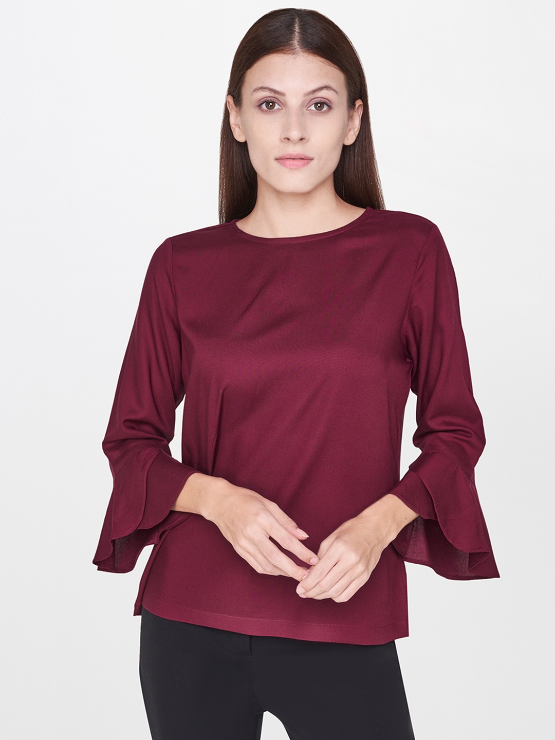 

AND Women Burgundy Solid Bell Sleeved Top