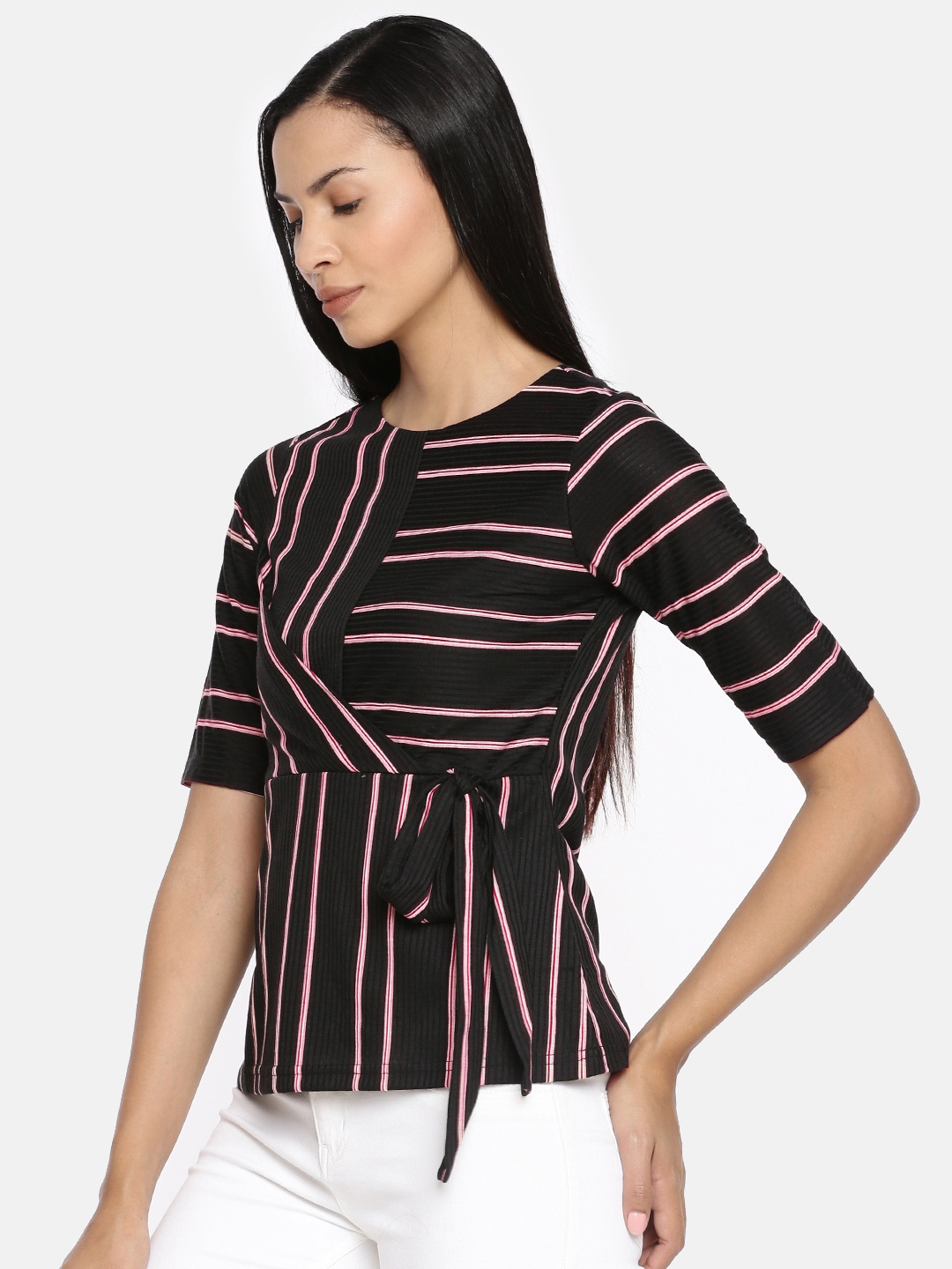 

AND Women Black & Red Striped Wrap Top