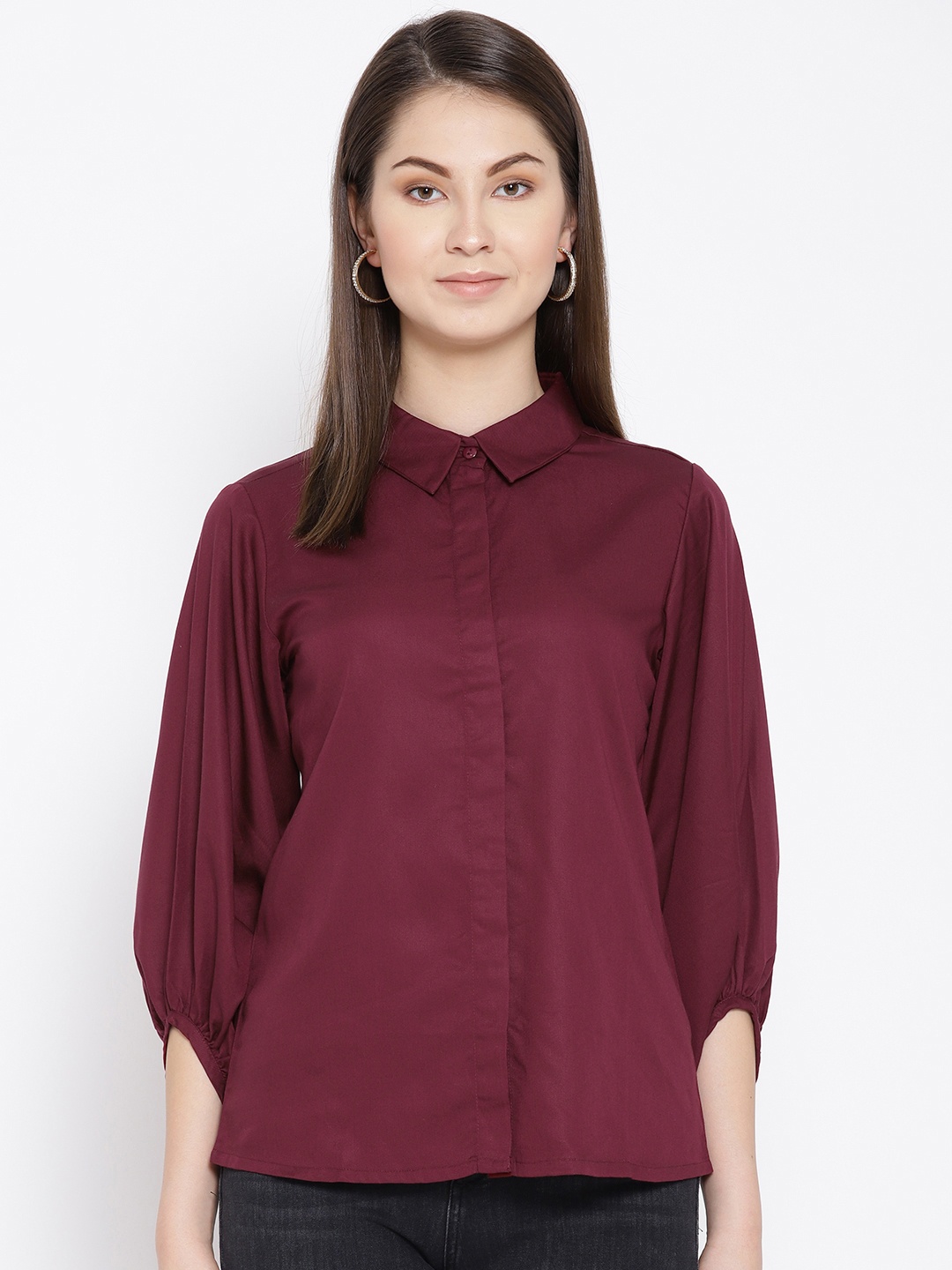 

AND Women Maroon Regular Fit Solid Casual Shirt