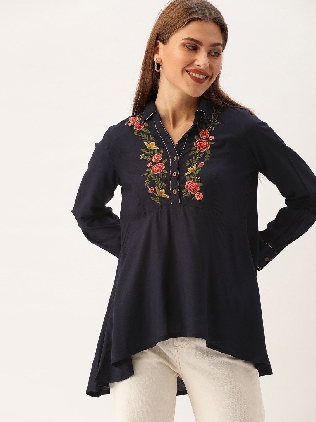 

AND Women Navy Blue Embroidered High-Low Top