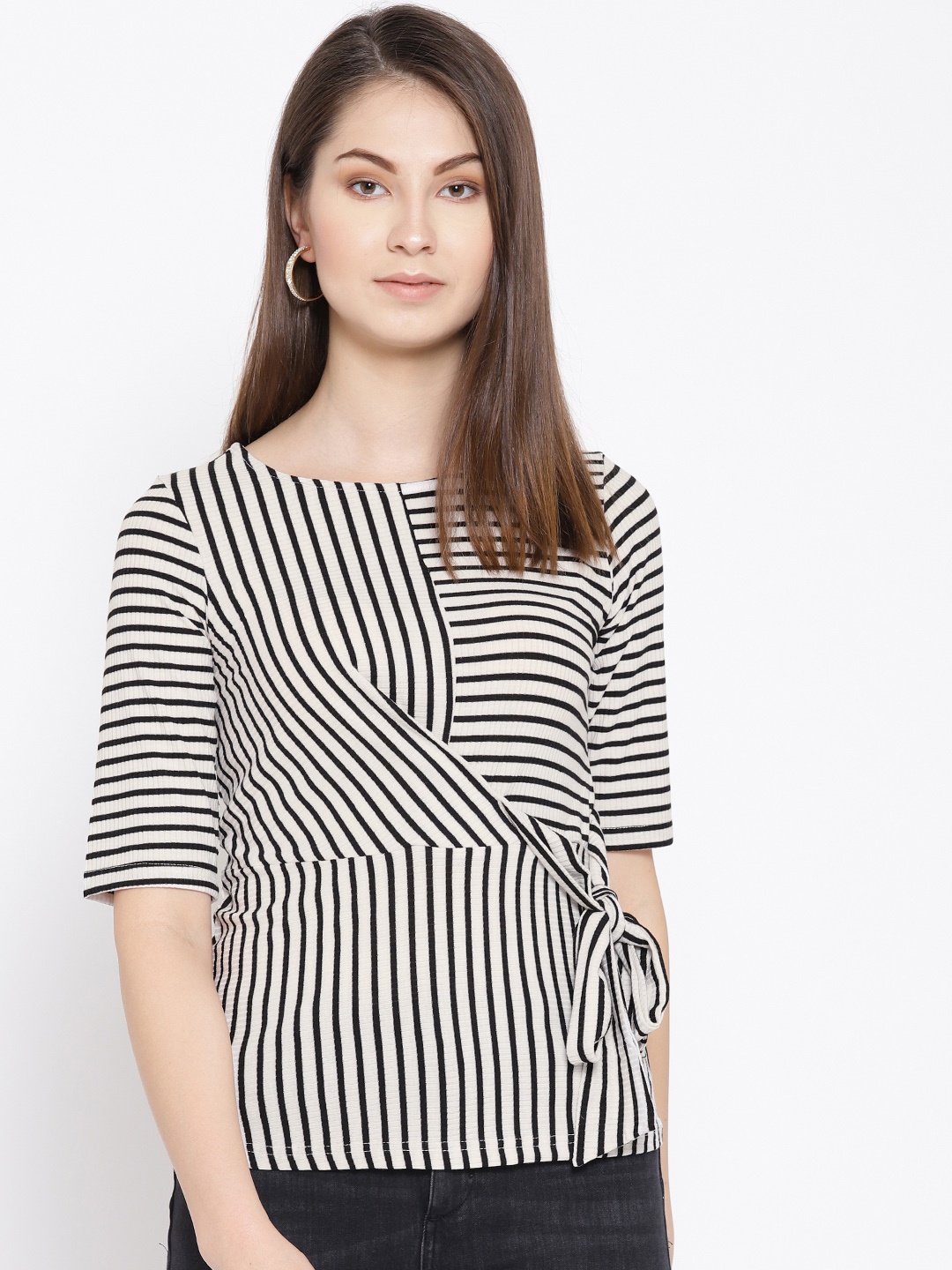 

AND Women White & Black Striped Wrap Top