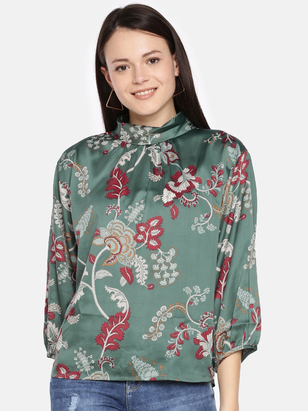 

AND Women Green & Red Printed High Neck Top