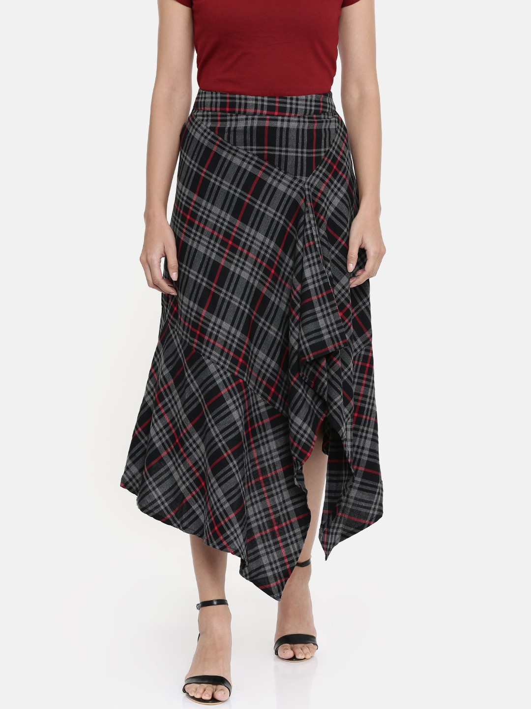 

AND Women Black & Charcoal Grey Checked Casual Flared Skirt