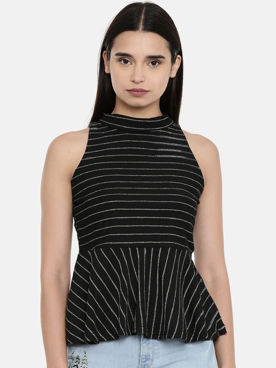 

AND Women Black Striped Peplum Top