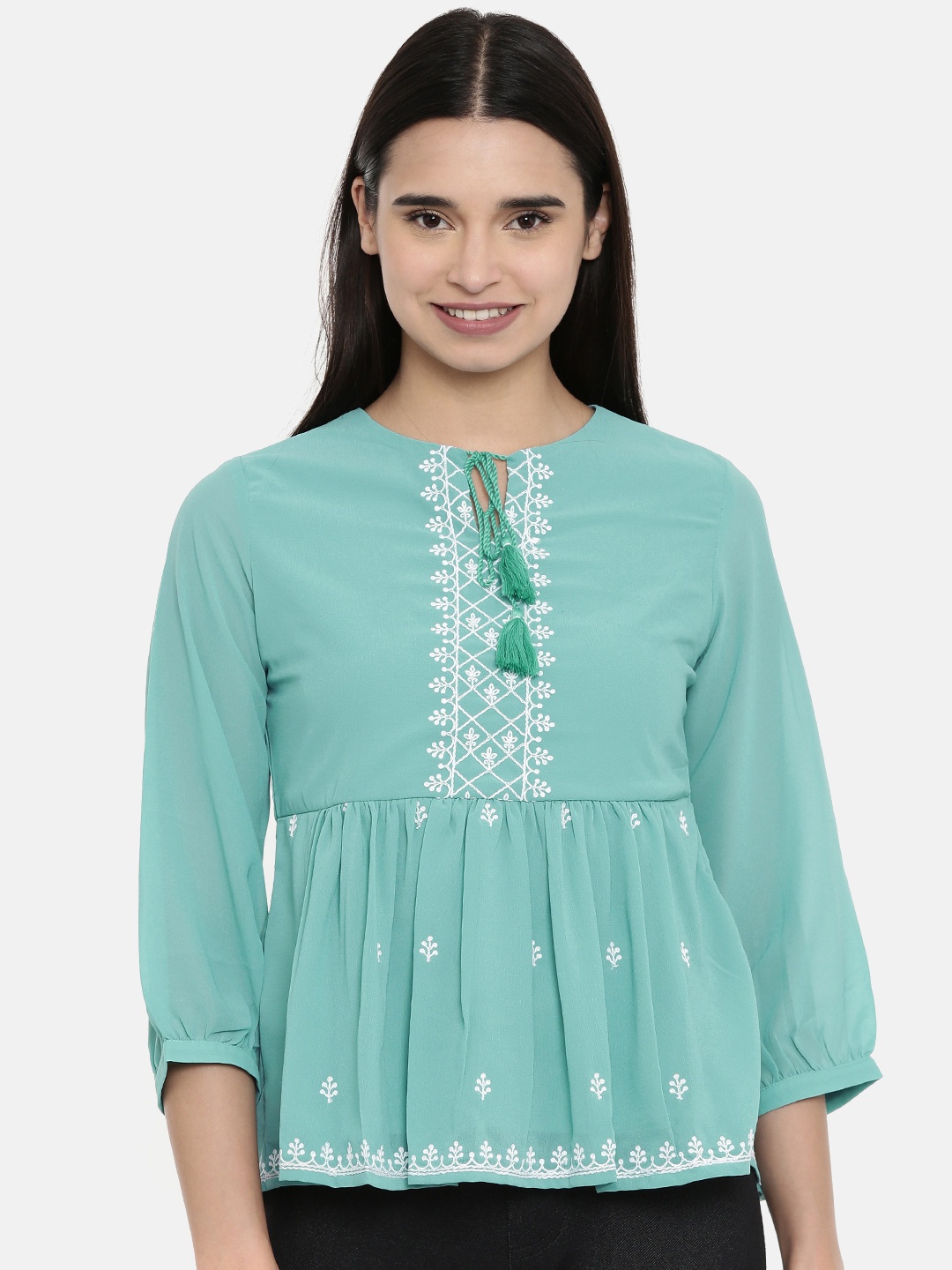 

AND Women Blue Embroidered Top