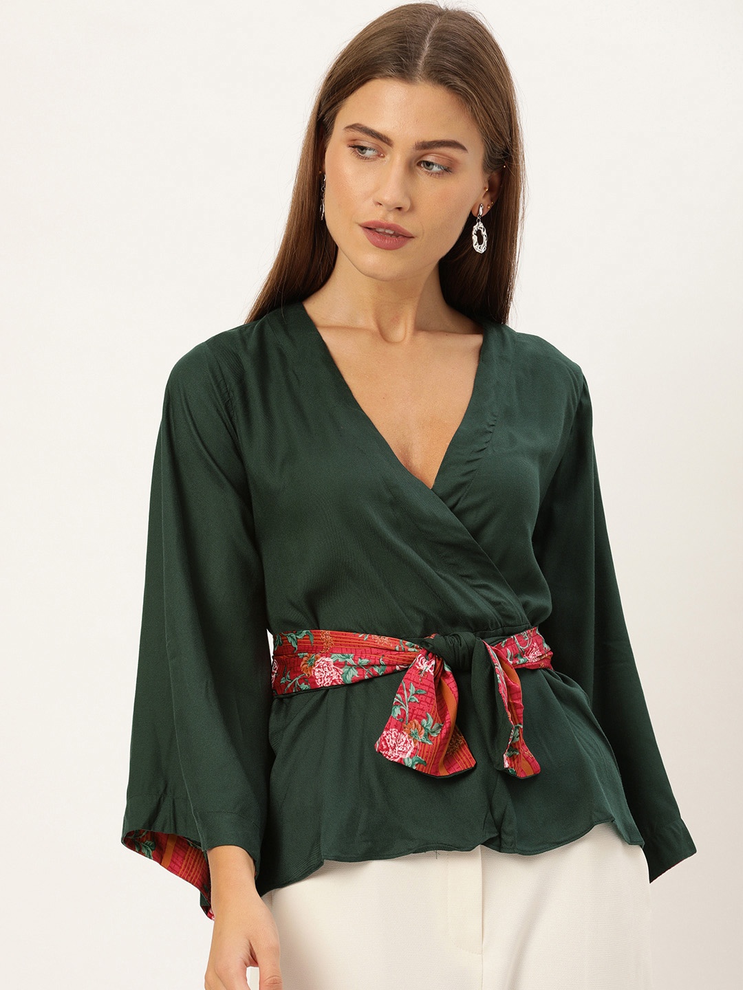 

AND Women Green Solid Wrap Top with Waist Tie-Up Detailing