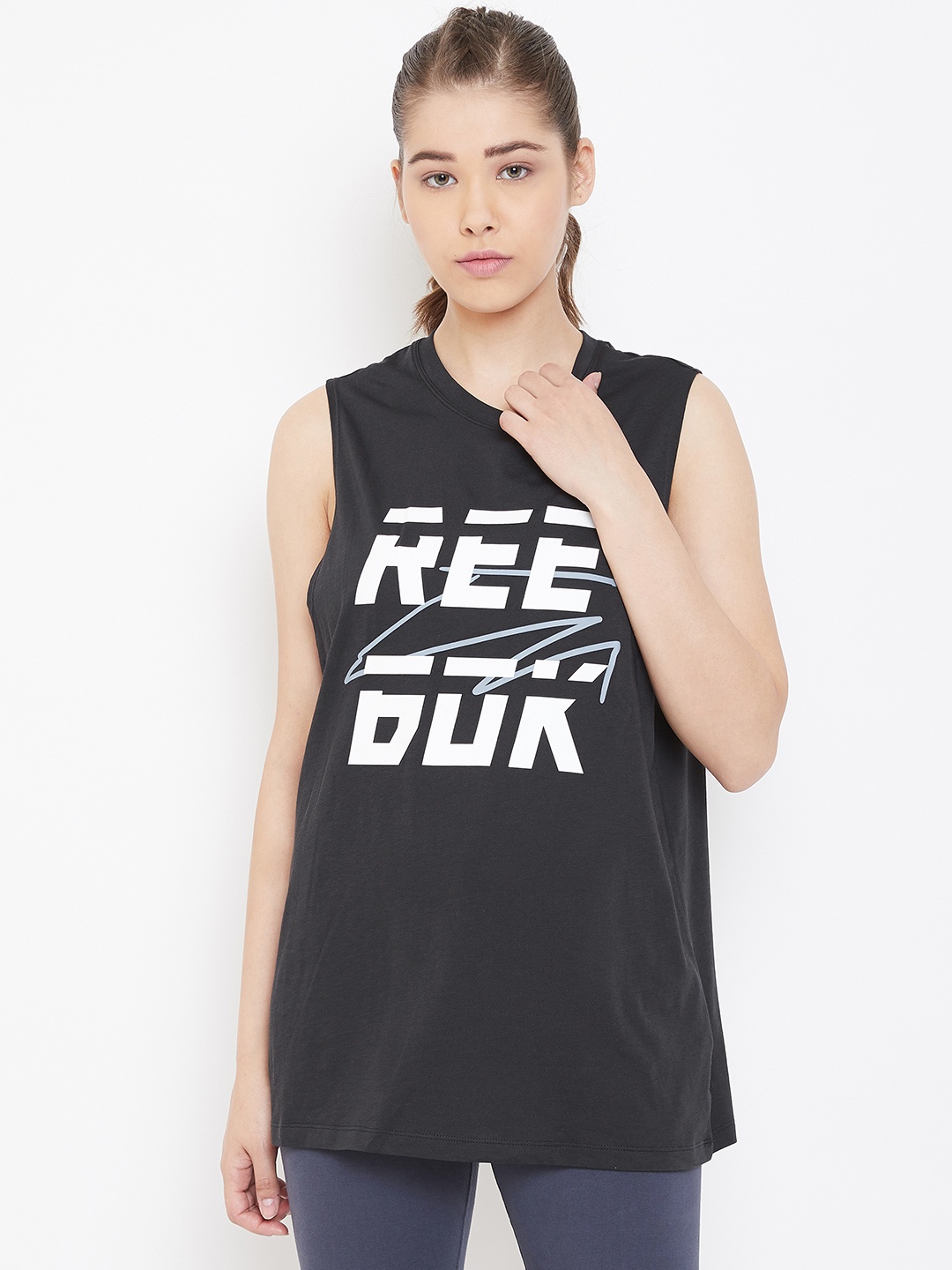 

Reebok Women Black & White Printed WOR MYT Muscle Training T-shirt