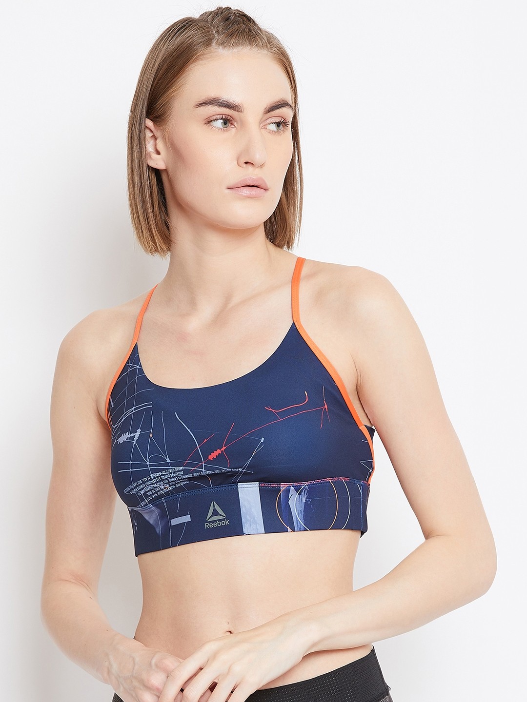 

Reebok Women Navy Workout Ready New Tri-Back Printed Training Bra EC2408, Navy blue