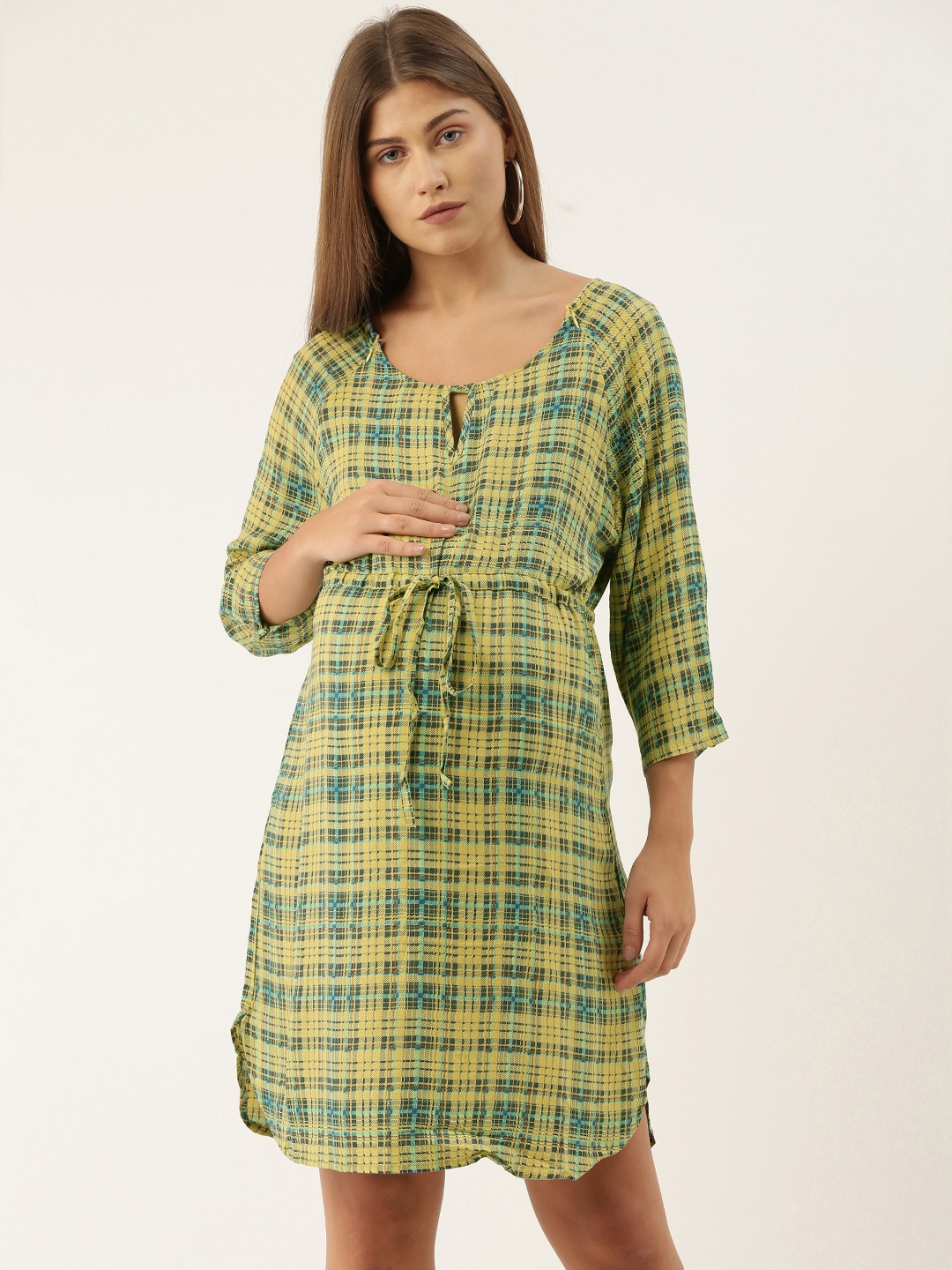 

Blush 9 Maternity Women Yellow & Blue Checked A-Line Dress with Waist Tie-Ups