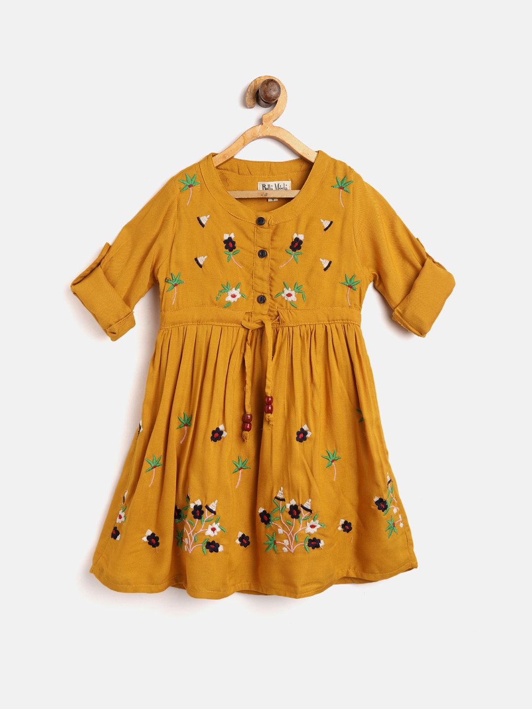 

Bella Moda Girls Mustard Yellow Floral Embroidered Fit and Flare Dress