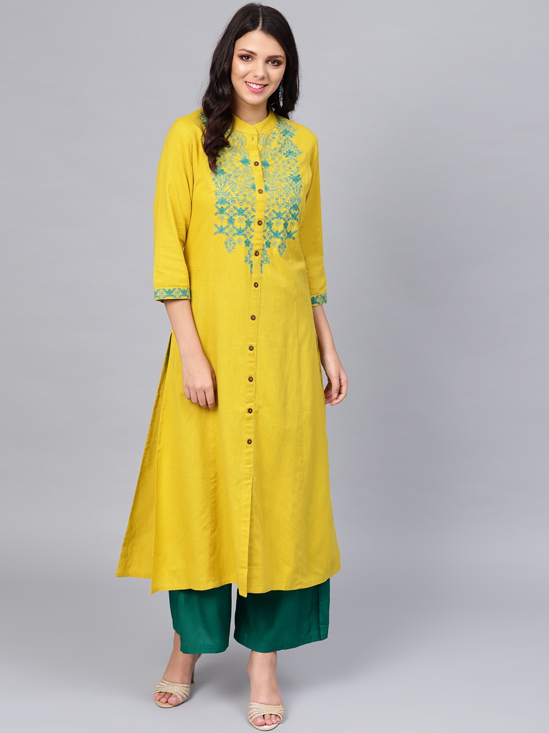 

Divena Women Mustard Yellow & Green Yoke Design A-Line Kurta