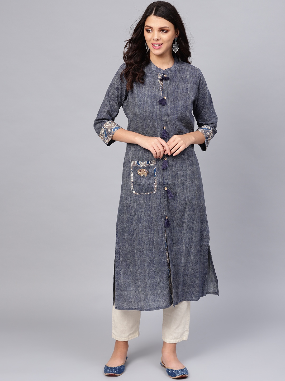 

Divena Women Navy Blue & Beige Printed Straight Kurta
