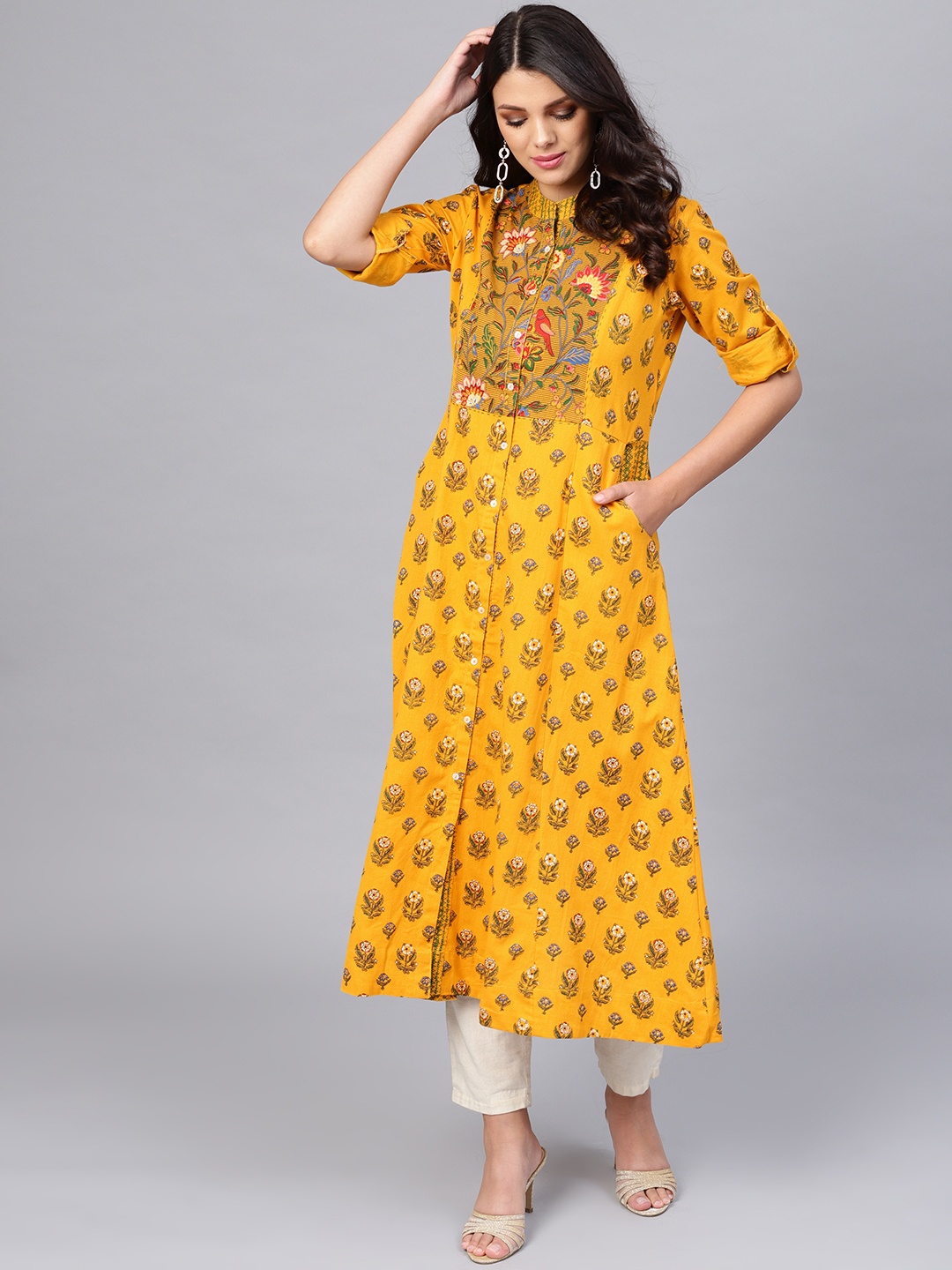 

Divena Women Mustard Yellow & Green Printed A-Line Kurta