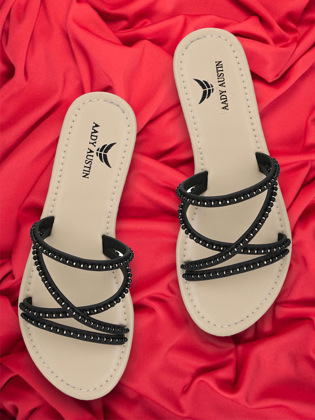 

AADY AUSTIN Women Black Embellished Open Toe Flats