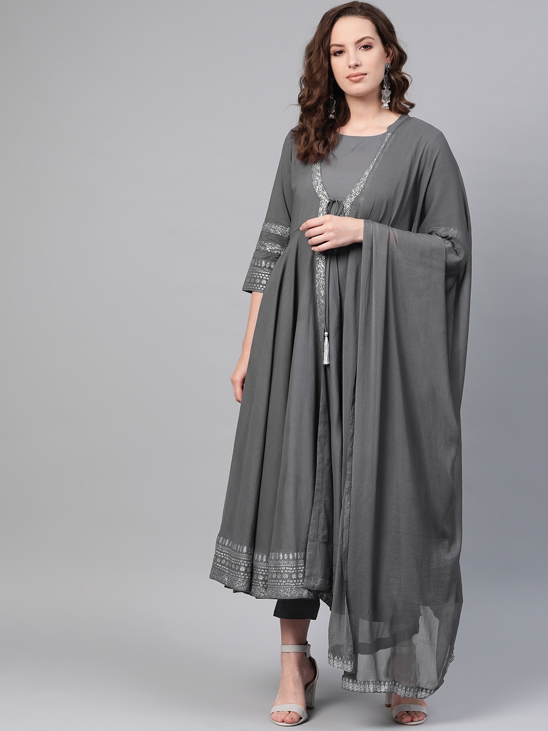 

Sangria Women Charcoal Grey Solid Layered Kurta with Trousers & Dupatta