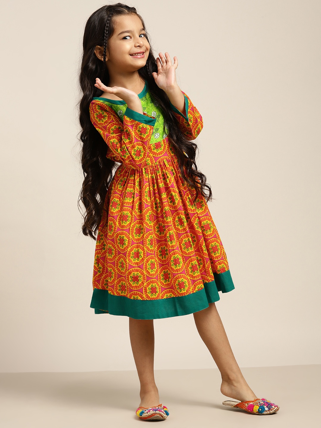 

Sangria Girls Ethnic Motifs Printed A Line Ethnic Dress, Orange