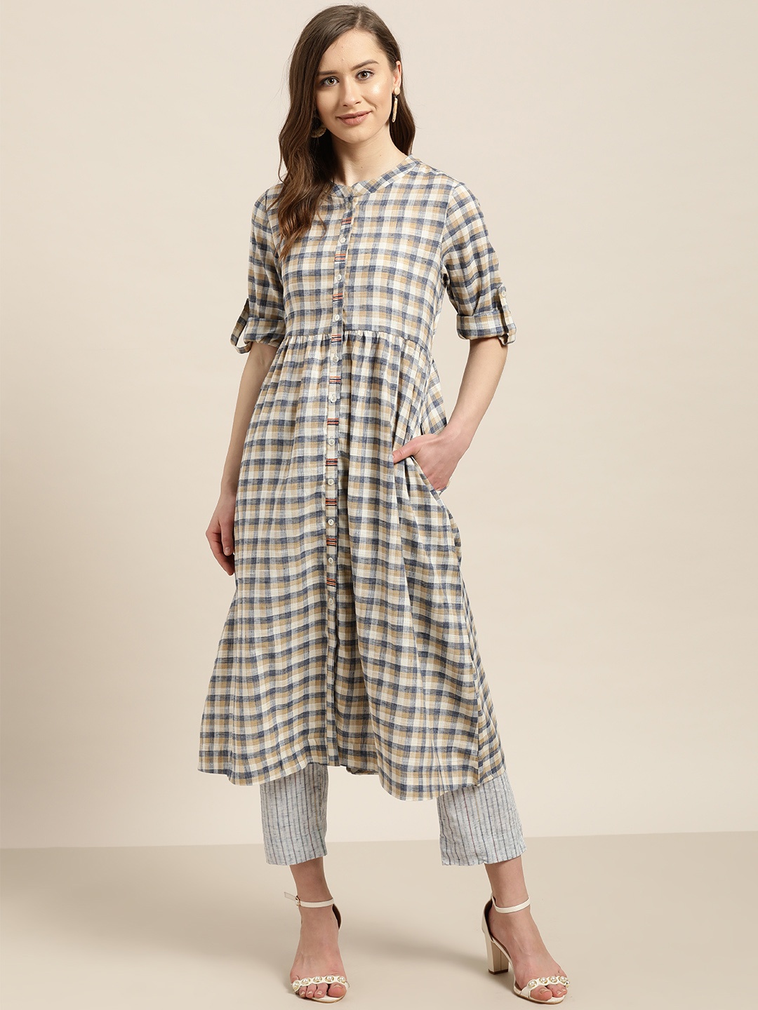 

Sangria Women Off-White & Blue Checked Kurta with Trousers