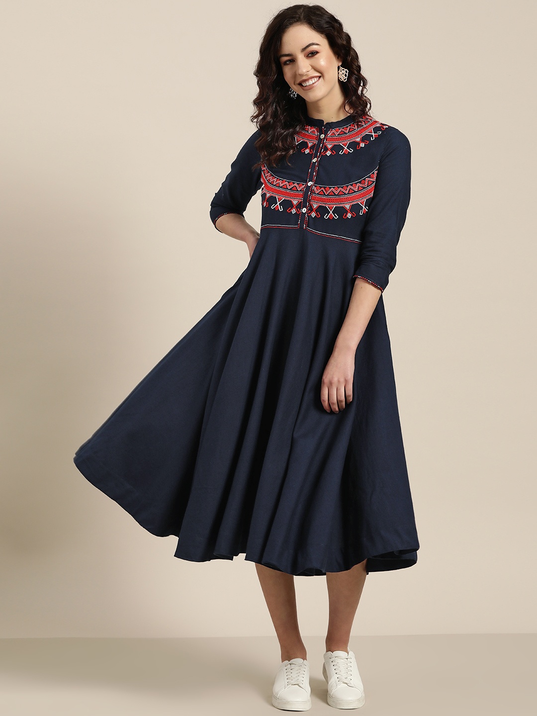 

Sangria Women Navy Blue Embroidered Detail A-Line Dress