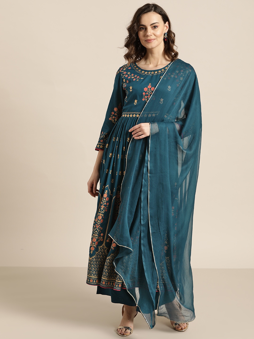 

Sangria Women Teal Blue & Golden Printed Kurta with Palazzos with Dupatta