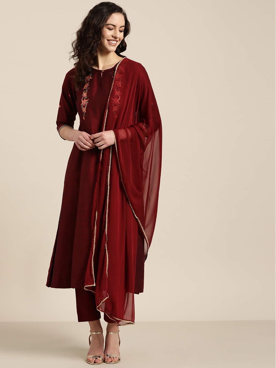 

Sangria Women Maroon Solid Kurta with Trousers & Dupatta