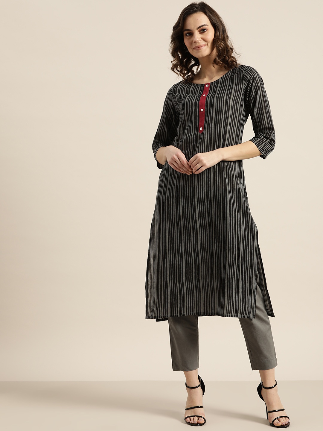 

Sangria Women Charcoal Grey & Black Striped Kurta with Trousers