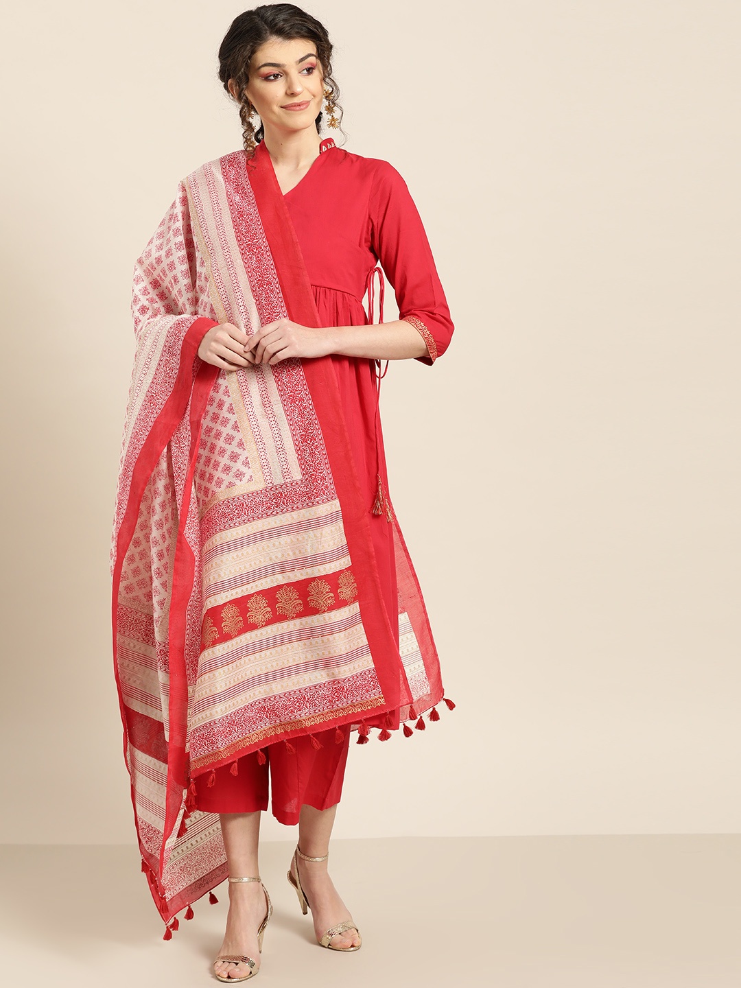 

Sangria Women Red Solid Angrakha Kurta with Trousers & Dupatta