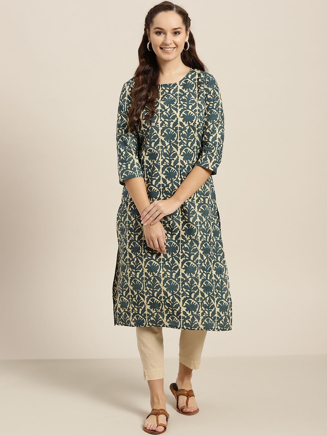 

Sangria Women Green & Beige Printed Straight Kurta
